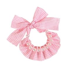 a pink and white checkered hair tie with pearls