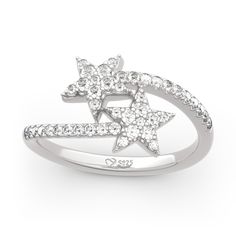 Stylish and stunning, this star ring will capture your heart at first sight! Star is one of the most popular design elements in jewelry. Crafted in sterling silver, sculptured in two five-pointed stars, the ring is designed to be a little lovely thing. Every star is set with white stones and linked with a paved bypassing ribbon. It's really a nice gift for birthday or holiday for yourself or loved ones. It won't disappoint you!Carat Weight: 0.802 ctStone Size: 1.5,1,1.2 mmStone Type: Jeulia® Sto Silver Star-shaped Diamond Ring Gift, Sterling Silver Star-shaped Diamond Ring For Anniversary, Silver Star-shaped Diamond Ring For Anniversary, Sterling Silver Star-shaped Diamond Promise Ring, Sterling Silver Star-shaped Promise Ring, Sterling Silver Star Shaped Promise Ring, Celestial Sterling Silver Star Ring, Elegant White Gold Star-shaped Ring, White Gold Star Jewelry For Anniversary