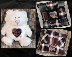 three different pillows and a teddy bear with a heart on it's pillow case