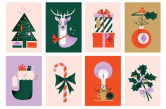 christmas greeting cards with deer, stockings and candy canes in flat style on different colors