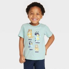 Set your little one for fun adventures in this Bluey-Print Short-Sleeve T-Shirt. Made from 100% jersey cotton fabric and designed with flat seams, this short-sleeve T-shirt offers them all-day cool comfort. Featuring illustrations of Bluey, Bingo, Bandit and Chilli on the front, it's sure to excite your Bluey fan, while making a fun pairing with a variety of their bottoms. Bandit And Chilli, Bluey Bingo, Fun Adventures, Crewneck Style, Tie Dye Shorts, Boy Tees, Girls Tees, Kid Tees, Boys Shirts