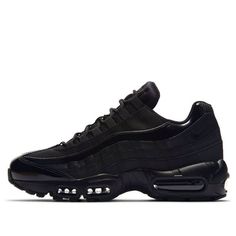 The Nike Air Max 95 'Triple Black' is a stylish sneaker designed to be comfortable and perfect for everyday wear. Inspired by the human body, the midsole is based on the spine structure, while the nylon holes represent the ribs and the layered panels and mesh symbolize the muscle fibers and body tissues. The two independent blow-molded Air-Sole units and the visible air cushion design on the forefoot make this sneaker a must-have. The Swoosh logo is placed on the back of the shoe as a punctuation mark. The Nike Air Max 95 'Triple Black' is perfect for running, walking, and casual wear. (SNKR/Women's) Body Tissues, Air Max Women, Swoosh Logo, Nike Air Max 95, Air Max 95, Triple Black, The Human Body, Cushion Design, Black Sneakers