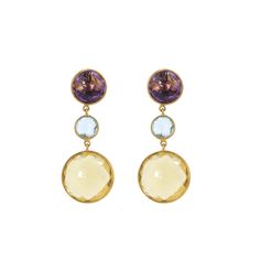 Amethyst Blue Topaz Beer Quartz Earrings in 18k Solid Yellow Gold, Dangling Earrings, Faceted Checker Cut Briolettes Gemstone Earrings Product Details > Material : 18k Solid Yellow Gold > Gemstone - Natural Amethyst, Natural Blue Topaz, Natural Lemon Topaz > Gemstone Shape - Round Briolettes > Earring Length : 48 mm Approx > Earring Width : 19 mm Approx >Gemstone Weight : amethyst : 9.65carat Approx Blue Topaz : 4.94 carat approx Lemon Topaz : 27.98 carat Approx > Gross Weight - 11.310 grams app Luxury Round Earrings With Natural Stones, Luxury Earrings With Natural Stones, Formal Yellow Gold Earrings With Natural Stones, Yellow Gold Multi-stone Amethyst Earrings, Gold Dangling Earrings, Victorian Pendants, Gold Jewelry Sets, Platinum Jewelry, Gold Bangle Bracelet