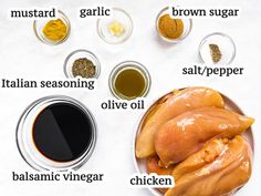 ingredients to make chicken wings laid out on a white tablecloth with words describing them