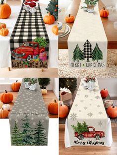 christmas table runneres with cars and trees on them