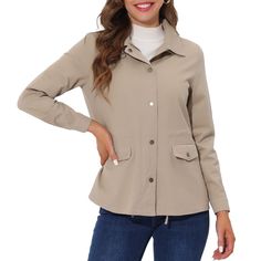 Elevate your outdoor style with this jacket. This jacket with two flap pockets boasting a waist drawstring inside ensures a custom fit. A snap placket covers a zipper closure and offers a rugged utility style without weighing you down. Utility pockets, help store keys and other small items. Pair it with your favorite striped t-shirt and jeans for a casual trendy look. Cheap Khaki Outerwear For Women, Cheap Everyday Khaki Outerwear, Cheap Khaki Outerwear With Button Closure, Cheap Women's Hooded Utility Jacket, Cheap Utility Style Women's Outerwear, Cheap Winter Utility Jacket, Cheap Chic Winter Utility Jacket, Chic Cheap Women's Utility Jacket, Casual Brown Utility Jacket At Cheap Price