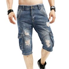 Portrait of a picture displaying Men’s Retro Short Cargo Jeans product. Cargo Denim Shorts, Short Cargo, Mens Denim Shorts, Cargo Short, Retro Shorts, Denim Patterns, Faded Jeans, Safari Style, Mens Cargo