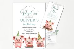 two little pigs wearing party hats and one has a birthday cake