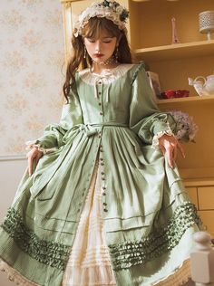 ❤︎Alysa Maid Lolita Dress [Reservation Product]❤︎ Green A-line Dress For Garden Party, Green Vintage A-line Midi Dress, Green Vintage Ruffled Dress For Spring, Green Ruffled Vintage Dress, Green Vintage Dress With Ruffles, Vintage Green A-line Midi Dress, Green A-line Vintage Midi Dress, Green Vintage Victorian Dress With Ruffles, Green Vintage Dress With Ruffles For Garden Party