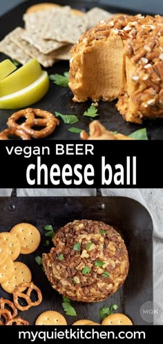 vegan beer cheese ball with pretzels and crackers