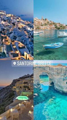 there are many different pictures that show the water and buildings in this photo, including boats