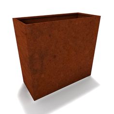 a brown square planter sitting on top of a white floor