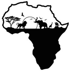 an african map with animals and trees on the land in black and white, against a white background