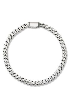 Add a street-savvy edge your style with a chunky chain link bracelet, crafted from sterling silver for lasting luster. 8 1/2" length Tongue-and-groove closure Sterling silver, rhodium plate Imported White Gold Cuban Link Bracelet With Solid Construction, Classic Cuban Link Bracelet With Chunky Chain For Everyday, Classic Cuban Link Bracelet With Box Chain, Modern Silver Cuban Link Bracelet With Chunky Chain, Classic Chunky Chain Bracelet, Silver Cuban Link Jubilee Bracelet For Everyday, Modern Cuban Link Jewelry, Sterling Silver Round Bracelet With Chain For Everyday, Silver Cuban Link Bracelet With Chunky Chain