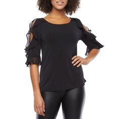 This unique women's blouse by Bold Elements is sure to add the perfect amount of flair to your workwear or a semi-tailored look. It's made from a soft stretch-jersey with a bateau neckline and split ruffle elbow-length sleeves. Pair yours with ankle-length pants or a pencil skirt.Features: Stretch FabricFit: Modern FitNeckline: Boat NeckSleeve Length: Short SleeveSleeve Style: Cold Shoulder SleeveApparel Length: 26 InchesFiber Content: 95% Polyester, 5% SpandexFabric Description: KnitCare: Machi Comfortable Dress Pants, Ruffle Sleeve Blouse, Chic Blouses, Cold Shoulder Long Sleeve, Cold Shoulder Blouse, Midi Sheath Dress, Bateau Neckline, Ankle Length Pants, Trendy Clothes For Women