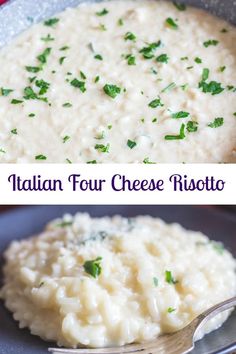 two pictures with different types of risotto in them and the words italian four cheese risotto