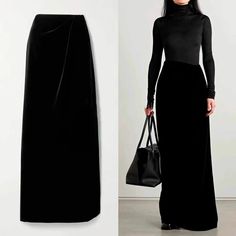 Olivia Mark - High-Waisted Velvet Maxi Pencil Skirt in Black - Slim Fit Midi Skirt Fitted Midi Skirt, Maxi Pencil Skirt, Y2k Skirts, Velvet Maxi, Wrap Around Skirt, Half Skirt, Types Of Skirts, Olivia Mark, Vintage Ladies