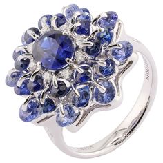 MOISEIKIN's mesmerising sapphire ring with total 4.89ct Blue sapphire, decorated with diamonds and matching blue sapphires, captures the eye and radiates elegance and sophistication. Inspired by the gorgeous evening Ball dress, the ring is artistically designed with a 1.72ct carat Sri Lankan Blue sapphire. Surrounding the central sapphire are graduated diamonds and blue sapphires, meticulously arranged to create a stunning contrast of light and colour. Each stone is carefully selected and set to enhance the brilliance of the Blue sapphire, ensuring that it takes centre stage in this captivating composition. This ring is distinctive from other jewellery because it features our patented Waltzing Brilliance technology. As you wear it, diamonds and graduation sapphires twirl and dance within t Diamond Cocktail Ring, Blue Sapphire Diamond, Dream Engagement, Centre Stage, Dream Engagement Rings, Diamond Cocktail Rings, 18k Gold Ring, Sapphire Diamond, Cocktail Ring