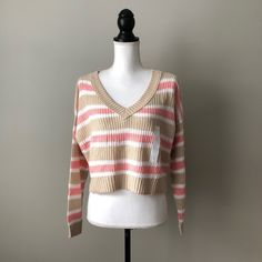 Nwt Wild Fable | Striped V-Neck Cropped Sweater. V-Neck Pullover Style. Tan, White Pink Stripes. Material: 51% Cotton, 49% Acrylic Features: Long Sleeve Measurements: 25" Bust, 18" Length Women's Size Medium. Argyle Sweater Vest, Teal Sweater, Cropped Knit Sweater, Tie Dye Crop Top, Waffle Knit Top, Argyle Sweater, Purple Sweater, Crop Top Sweater, Light Sweater