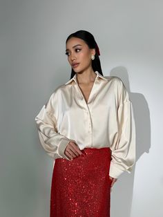 - classy collared blouse - Italian silk (polyester and natural silk blend) - sleeve length (from the dropped shoulder seam) 17,7 inches or 45cm - blouse length 29 1/2 inches or 75 cm - hand wash or delicate/silk washing machine cycle, do not tumble dry or bleach  SIZES 4 sizes XS = 2 US numeric BUST 33 inches or 84 cm WAIST 24 inches or 63 cm HIPS 36 inches or 92 cm S = 4 US numeric BUST 34 inches or 88cm WAIST 26 inches or 67cm HIPS 37 inches or 96cm M = 6 US numeric BUST 36 inches or 92cm WAIS Ivory Silk, Beige Dresses, Natural Silk, Blouse Length, Silk Blouse, Womens Clothing Tops, Champagne, Blouses For Women, Favorite Outfit