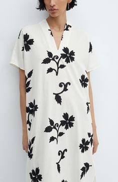 A bold floral print with embroidered beaded detail enhances the casual-chic look of this V-neck dress cut from a lightweight blend of cotton and linen. V-neck Short sleeves 85% cotton, 15% linen Machine wash, line dry Imported Bold Floral Print, Cotton Linen Dresses, Dress Cuts, Linen Dress, Nordstrom Dresses, V Neck Dress, Cotton Linen, Printed Cotton, Casual Chic