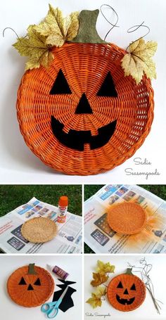 the pumpkin basket is made with yarn and leaves to make it look like jack - o'- lantern