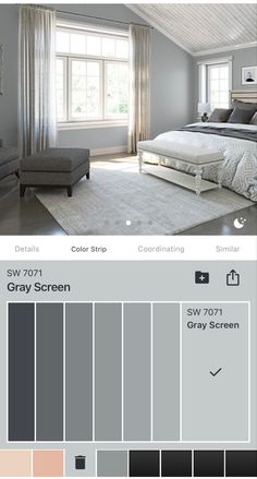 an image of a bedroom with gray walls and white furniture in the color palettes