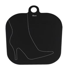 a black shoe shaped cutting board with the word short on it's bottom corner