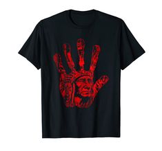 a black shirt with red hand print on it