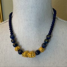 Lapis Lazuli Beaded Necklace 18” In Length And Gold Tone. 207 Ctw. Very Blue In The Light. Pretty! Blue Lapis Lazuli Necklace With Large Beads, Blue Lapis Lazuli Jewelry With Large Beads, Lapis Lazuli Beaded Necklaces With Large Beads As Gift, Lapis Lazuli Beaded Necklace With Large Beads For Gift, Blue Lapis Lazuli Crystal Necklaces With Round Beads, Blue Lapis Lazuli Round Beads Crystal Necklace, Blue Large Beads Jewelry Gift, Blue Jewelry With Large Beads For Gifts, Blue Spiritual Necklaces With Large Beads