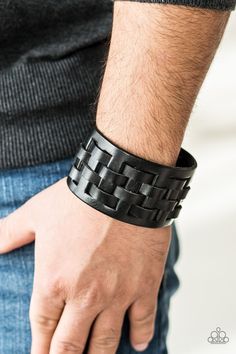 Strips of black leather bands weave through a thick leather band for a rugged look. Features an adjustable snap closure. Sold as one individual bracelet. P9UR-BKXX-283XX Cheap Black Leather Bracelet With Rivets, Road Hog, Snap Bracelets, Black Bracelet, Rugged Look, Paparazzi Accessories, Black Bracelets, Leather Weaving, Paparazzi Jewelry