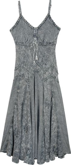 A summer maxi dress in grey with lace details around neckline and hem, this sleeveless dress has vertical panels that add flare and feminine flow to it.  The front of the dress has a tie-up lace style. #tlb #Sleeveless #SummerDress #westerndress #renaissancedress #medievaldress Sleeveless Gray Maxi Dress For Spring, Gray Sleeveless Midi Dress For Summer, Bohemian Gray Maxi Dress For Summer, Gray Summer Dress, Dress Medieval, Goth Bedroom, Wood Nymph, Dress Western, Loungewear Dress