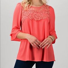 This Top Is A Very Pretty Coral Color. The Details Are Beautiful!! The Front Has Crocheting And Lace, And The Back Features More Lace And A Keyhole With Button Closure. It Has 3/4 Length Tiered Bell Sleeves. New With Tags. Red 3/4 Sleeve Tops For Spring, Red 3/4 Sleeve Blouse For Spring, Elegant Pink Blouse With 3/4 Sleeves, Chic Red Top With 3/4 Sleeves, Feminine Top With 3/4 Sleeves For Brunch, Feminine Tops With 3/4 Sleeves For Brunch, Feminine 3/4 Sleeve Tops For Brunch, Stretch Brunch Top With 3/4 Sleeves, Stretch Top With 3/4 Sleeves For Brunch