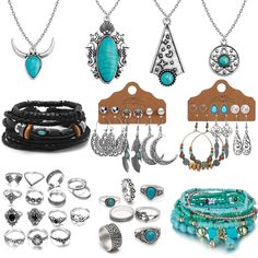 PRICES MAY VARY. 【Pack】: One western jewelry set 4pcs Turquoise Necklace,12 pairs Earrings,And Bangle Bracelets, 24pcs Knuckle Rings Special western boho designs bring unique freshness to your daily outfits. 【Turquoise Design】: Turquoise symbolizes lucky and happiness,has a special meaning of warmth, beauty and power. 【Size】: Flexible size suitable for adjust,fit for most women. [Jewelry Care]: When you remove the necklace, please use a dry cloth to wipe the surface of the necklace to ensure lus Turquoise Jewelry Western, Teal Jewelry, Christmas Lists, Turquoise Design, Boho Turquoise, Beautiful Braided Hair, Silver Turquoise Jewelry, Stackable Bangles, Turquoise Boho