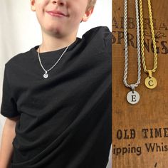 * Material: Stainless steel * Plating: 14k gold,  * Colors: Gold, silver or matte grey * Nickel free, hypoallergenic!  * Makes a great kids gift! * Super durable, shower/bath safe and is easy to keep clean! Kids initial necklace, makes a statement jewelry piece for every little man. Durable material for an everlasting gift. No special care is needed, swimming, shower, sweat, all is good with this material! It will never tarnish or turn the skin green. The letters are cut out so the pendant is ho Baby Boy Jewelry Necklace, Necklace Boys, Jewelry Boys, Necklace Rope, Custom Pendant, Christmas Gifts For Boys, Rope Chain Necklace, Gift Envelope, Gold Colors