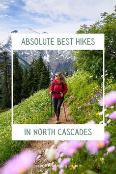 A pin with a picture of a woman hiking in North Cascades National Park in the Spring, surrounded by blossoming flowers. Text around her reads: Absolute best hikes in North Cascades by Renee Roaming. Fall Camping Meals, Fall Hiking Aesthetic, Washington State Aesthetic, Aesthetic Seattle, Washington Aesthetic, Happy Trail, Washington Things To Do, Things To Do In Fall