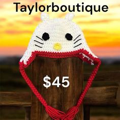 a crocheted kitty hat with the price $ 45