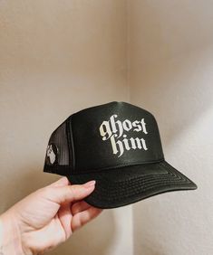 Ghosting him before he does? Terrifying. We loved this saying and paired it with our brand new Cowboy Ghostie Pin 👻  With or without the pin, this hat stand out and makes for the cutest selfies.  Grab attention and style your hair for a gorgeous show stopper look. Visit our instagram page for hair inspo! @AgencyOfSaints We created a guide on our IG Page full of fun tutorials for you 🫶🏼 Hat Band - 22 ⅘ Crown Height - 4 ¾ Production timelines begin when you place the order. I keep a low stock o Black Halloween Trucker Hat, Black Snapback Cap For Halloween, Halloween Snapback Trucker Hat For Streetwear, Black Snapback Trucker Hat For Halloween, Adjustable Halloween Hats For Streetwear, Customizable Black Trucker Hat With Flat Brim, Halloween Snapback Hat For Streetwear, Snapback Hats For Halloween Streetwear, Novelty Streetwear Hat With Curved Brim