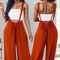 Sleeveless Solid Color Jumpsuit For Summer, Spaghetti Straps Jumpsuits And Rompers For Day Out, Summer Wide Leg Bottoms With Suspenders, Sleeveless Solid Color Overalls For Beach, Spring Sleeveless Tank Top With Suspenders, Sleeveless Solid Color Beach Overalls, Casual Backless Jumpsuits And Rompers In Solid Color, Sleeveless Solid Overalls For The Beach, Wide Leg Bottoms With Suspenders For Summer