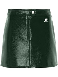 dark green cotton blend vinyl crinkled finish trapeze silhouette A-line skirt high-waisted logo patch to the front thigh-length full lining straight hem concealed front zip fastening front press-stud fastening Dark Green Mini Skirt, Green Leather Skirt, Dark Green Skirt, Trapeze Silhouette, Vinyl Mini Skirt, Ballet Pumps, Iconic Bags, Dolce E Gabbana, Van Cleef Arpels