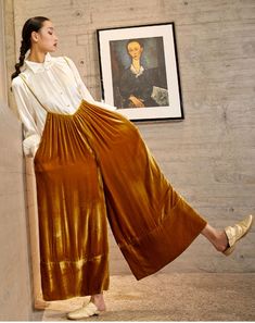 Velvet Overalls Outfit, Velvet Wide Leg Pants Outfit, Velvet Overalls, Wide Leg Overalls, Wide Leg Pants Outfit, Drape Pants, Gold Pants, Balloon Pants, Yellow Pants