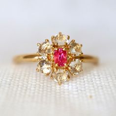 Neon Pink Spinel Halo Ring With Rose-cut Sapphire Pink Engagement Ring. Dainty Engagement Ring 14K Yellow Gold US 6.75 RTS - Etsy Classic Ruby Ring With Rose Cut Diamond Cluster, Antique Gold Cluster Ring With Gemstones, Oval Ruby Cluster Ring With Rose Cut Diamonds, Yellow Gold Diamond Ring With Rose Cut Ruby, Victorian Gold Cluster Ring With Gemstone, Antique Multi-stone Yellow Gold Cluster Ring, 14k Gold Cluster Ring With Rose Cut Diamonds, Antique Multi-stone Cluster Ring In Yellow Gold, Yellow Gold Flower Ring With 17 Jewels For Anniversary