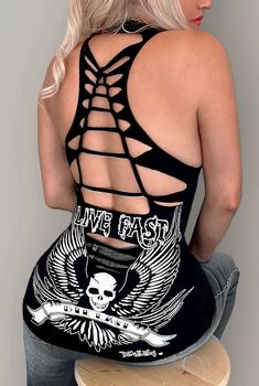 Live Fast Racerback Tank Brand: Demi Loon CHOOSE Front option: No Slash Half Slash Full Slash Details: 95% Cotton 5% Spandex- Soft and Stretchy! Our original Live Fast Graphics From our hands to your closet! from Redondo Beach, CA Description: Sexy racerback tank top with skull wings tattoo graphic. "Live Fast Die Last" Original Graphics with slashed neckline. Sizing: XS: 32-33" Bust Small: Bust 34-35" Medium: Bust 36-37" Large: Bust 38-39" XL: Bust 40-41" 2x: Bust 42-43" *Model 35" bust. 5'5" t Skull Wings Tattoo, Gothic Cowgirl, Biker Chick Style, Skull Wings, Tattoo Graphic, Gothic Models, Cut Clothes, Wings Tattoo, Redondo Beach