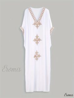 Eromis - Stylish Plus Size Boho Cover Up: Womens Tribal Embroidered Batwing Sleeve V Neck Maxi Beach Kaftan Dress Summer Wedding Kaftan With Floral Embroidery, Summer Wedding Floral Embroidered Kaftan, White Wedding Kaftan For Summer, Festive White Beach Dress, Summer White Kaftan With Intricate Embroidery, White Embroidered Dress With Geometric Pattern For Vacation, Festive Beach Embroidered Dress, Summer Beach Kaftan With Intricate Embroidery, Intricate Embroidered Dress For Vacation