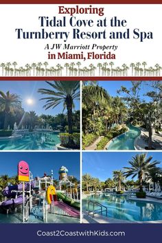 an advertisement for the florida resort and spa in miami, florida with images of water slides