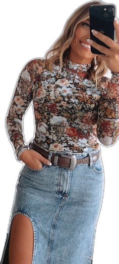 Non-stretch Tops With Sheer Sleeves, Fall Sheer Crew Neck Blouse, Casual Sheer Tops For Fall, Fitted Mesh Top With Sheer Sleeves For Casual Wear, Patterned Floral Print Tops, Fitted Long Sleeve Floral Print Top, Spring Printed Mesh Top, Fitted Floral Print Top With Long Sleeves, Trendy Printed Mesh Top For Spring