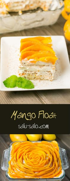 mango frosted layered dessert on a plate with lemons and mint in the background