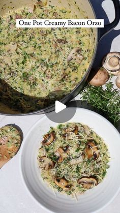 one pot creamy bacon orzo with mushrooms and parmesan cheese on the side