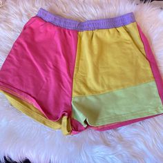 Size Small Brand New Without Tags Very Comfortable Playful Spring Pajama Shorts, Playful Yellow Summer Shorts, Multicolor Cotton Pajama Shorts With Relaxed Fit, Stretch Color Block Bottoms, Short Shape, Stretch Color Block Short Bottoms, Stretch Color Block Bottoms In Short Shape, Yellow Pajama Shorts For Spring, Yellow Cotton Pajama Shorts With Elastic Waistband, Yellow Summer Pajama Shorts With Built-in Liner