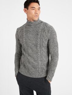 Cable-Knit Mock-Neck Sweater | Banana Republic Casual Cable Knit Turtleneck For Cold Weather, Cozy Cable Knit Turtleneck, Classic Cable Knit Turtleneck For Fall, Cable Knit Turtleneck For Cold Weather, Cozy Wool Cable Knit Turtleneck, Classic Winter Cable Knit Turtleneck, Fall Cable Knit Merino Wool Turtleneck, Cable Knit Turtleneck, Fisherman Sweater